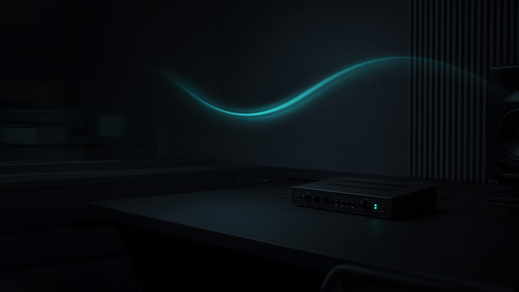 An empty studio desk with one mint light